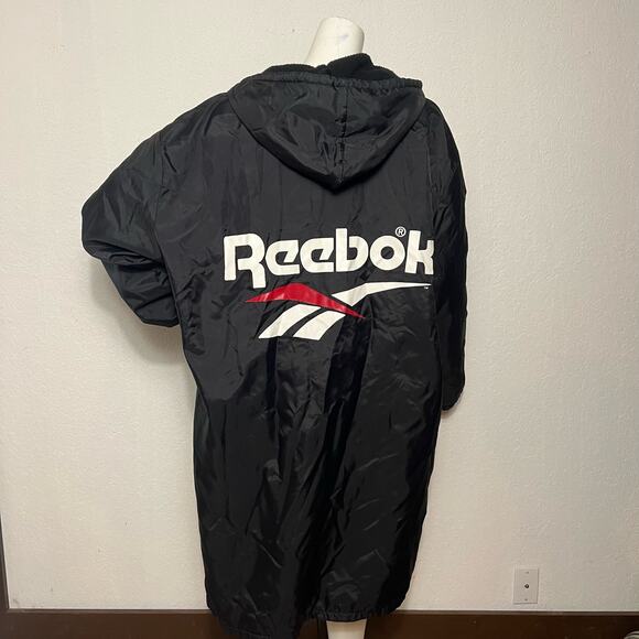 VINTAGE 90s Reebok Long Hooded Coat Windbreaker Graphic Print Fleece Lined XL
